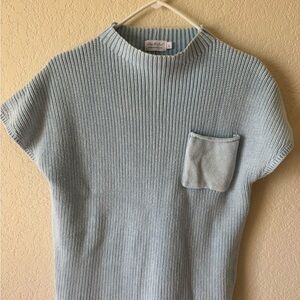 Light Blue Knit Short-Sleeve Sweater with Pocket